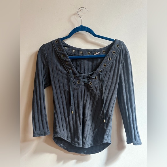 Free People Tops - Free People Ice Cold Lace Up Grommet Ribbed Knit V-Neck Shirt Top Chic Blouse
